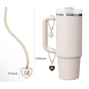 2 Pack Letter "M" Heart Charm White & Black w/ Gold Chain for Stanley & Tumblers